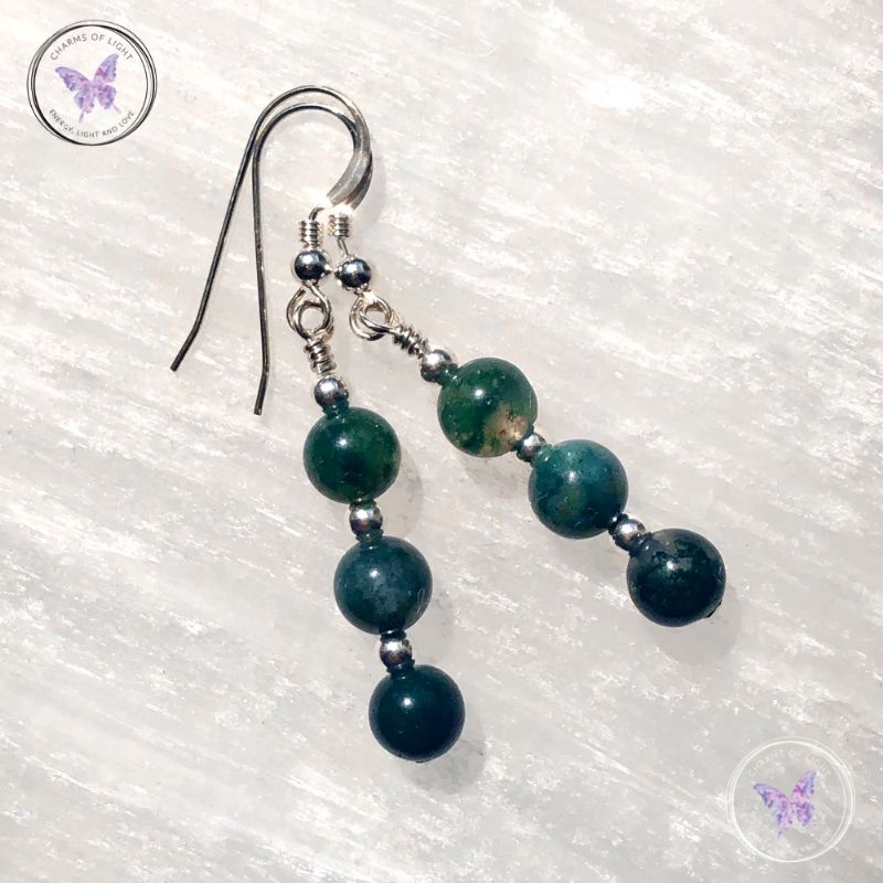 Moss Agate Silver Bead Earrings